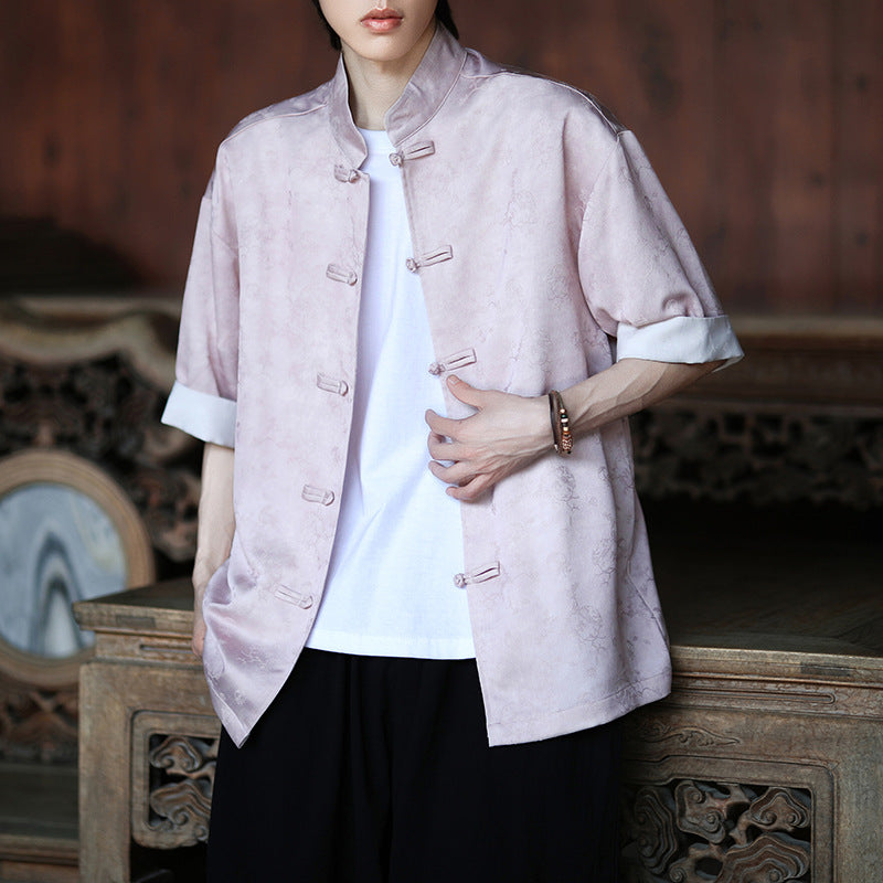 Summer Chinese Tang Suit Shirt Mens Stand Collar Short Sleeve Hanfu