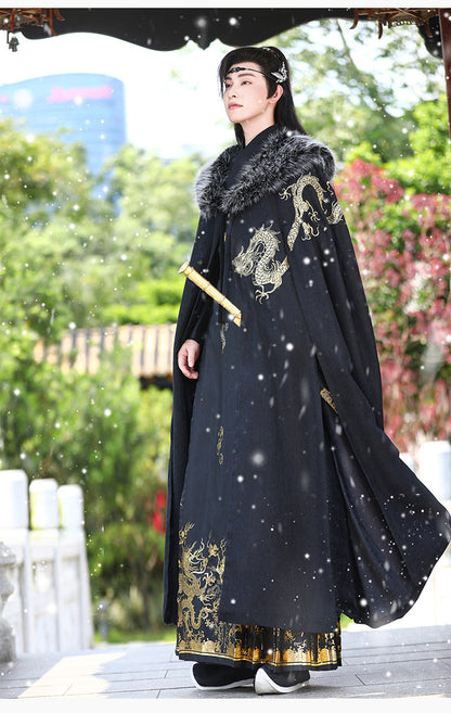 Men's Fleece-Lined Fur Collar Cloak New Chinese Style Winter Hanfu