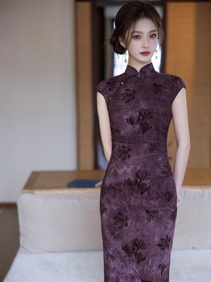 Elegant Purple Cheongsam – 2025 Slim Fit Retro Dress