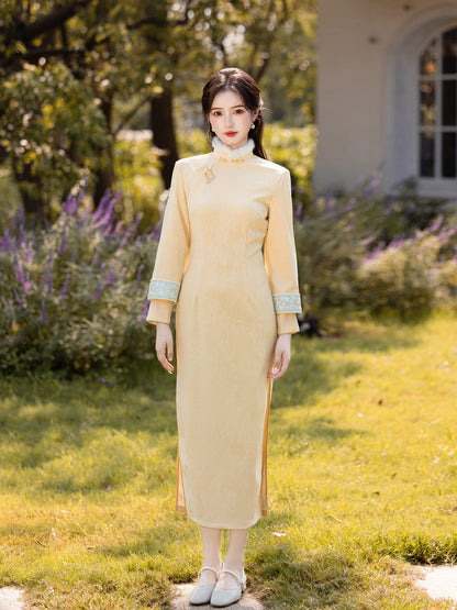 Yellow Fleece-Lined Long Sleeve Qipao | Winter New Chinese Style 2025