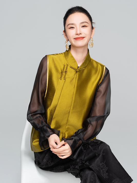 Elegant Stand Collar Button Sleeveless Layered Vest