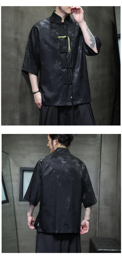 Summer Chinese Style Ice Silk Jacquard Tang Shirt Mens Stand Collar Top