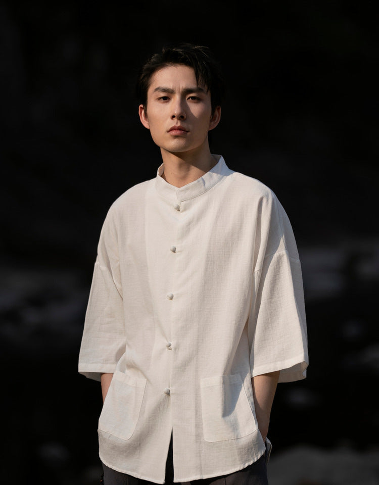 Summer Chinese Cotton Linen Shirt Men Casual Thin Youth Trend Top