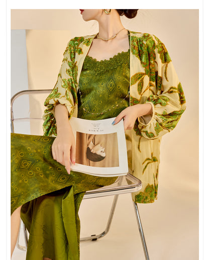 Velvet Burnout Jacket & Printed Cardigan Dress Set for Autumn