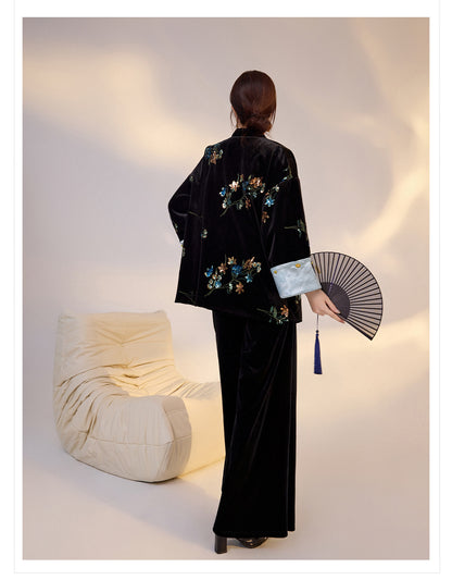 Elegant New Chinese Satin Floral Sequin Loose Black Top