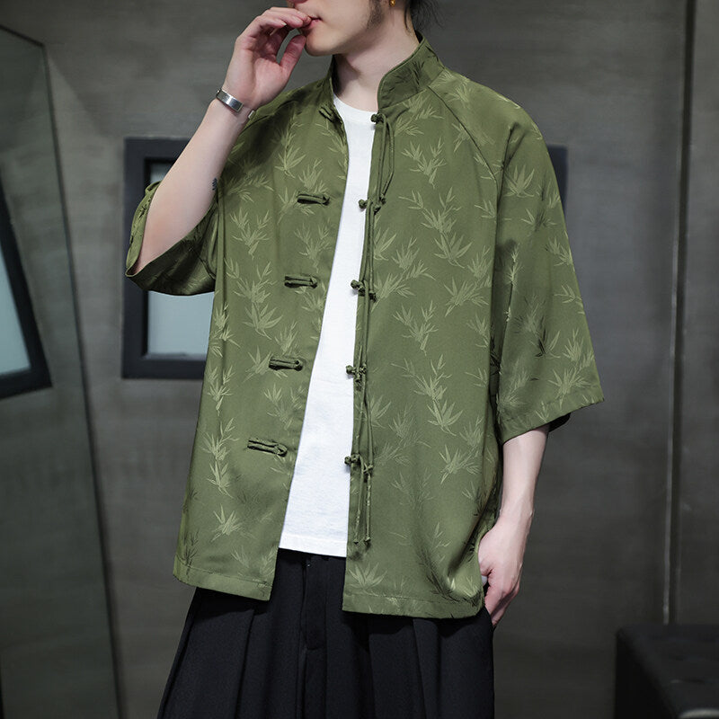 Summer Chinese Style Ice Silk Jacquard Tang Shirt Mens Stand Collar Top