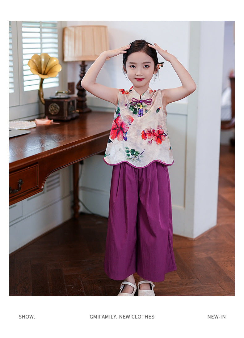 Retro Republic Style Girls Two-Piece — Improved Shirt & Pants Set