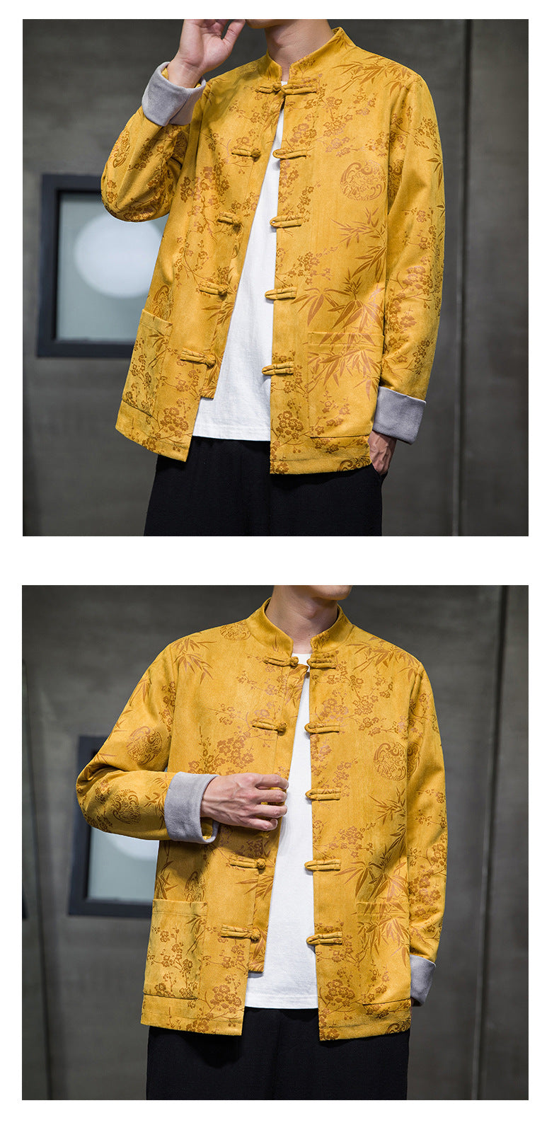 Chinese Style Mens Retro Tang Suit Button Printed Velvet Coat