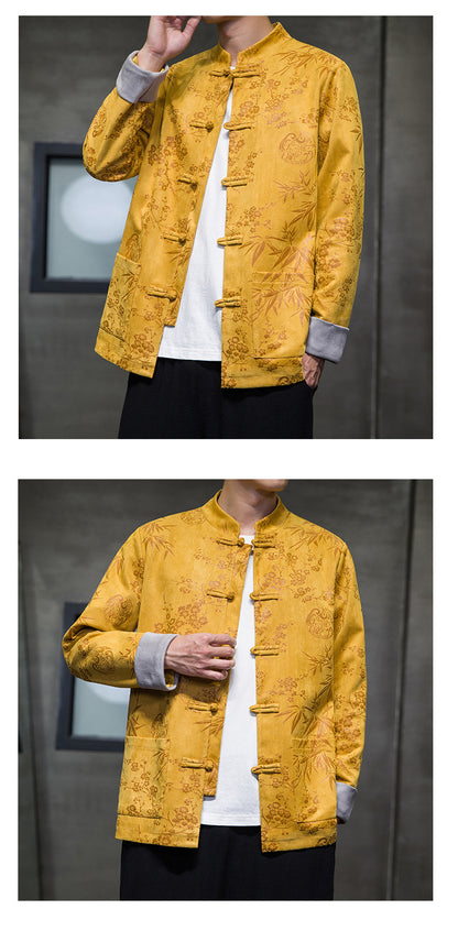 Chinese Style Mens Retro Tang Suit Button Printed Velvet Coat