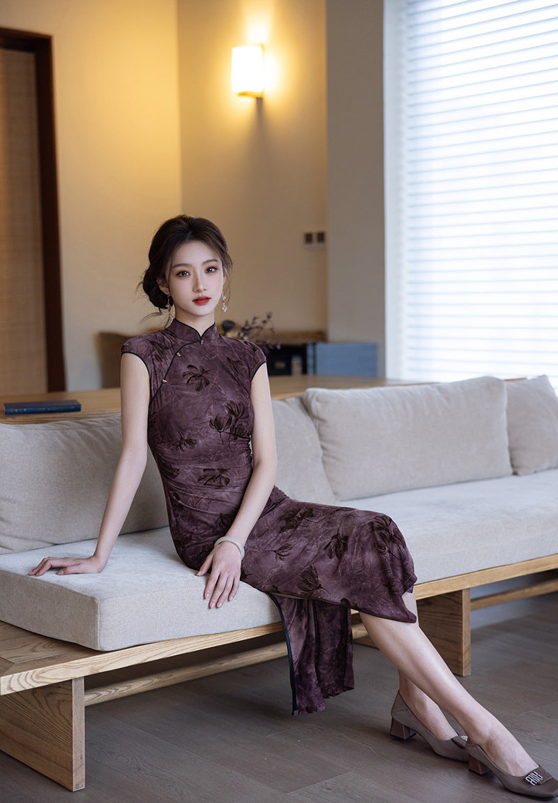 Elegant Purple Cheongsam – 2025 Slim Fit Retro Dress