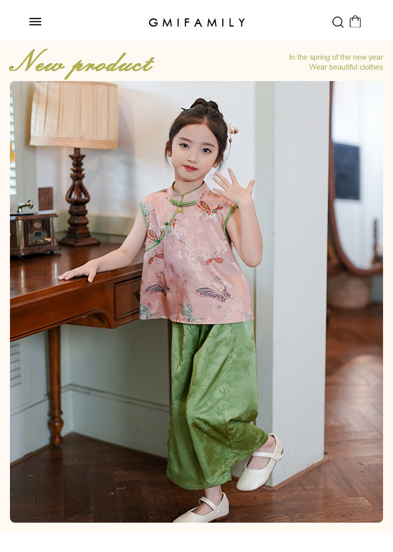 Retro Chinese Style Girls Two-Piece — Summer Cheongsam Top & Skirt
