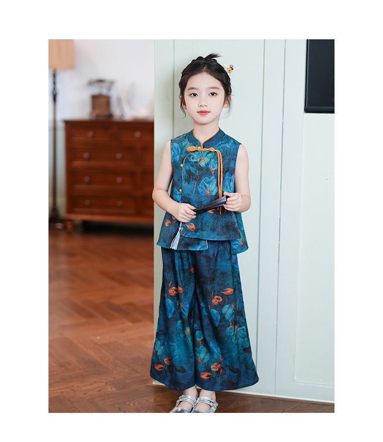 Children’s Summer Hanfu — Floral Top & Comfortable Wide-Leg Pants
