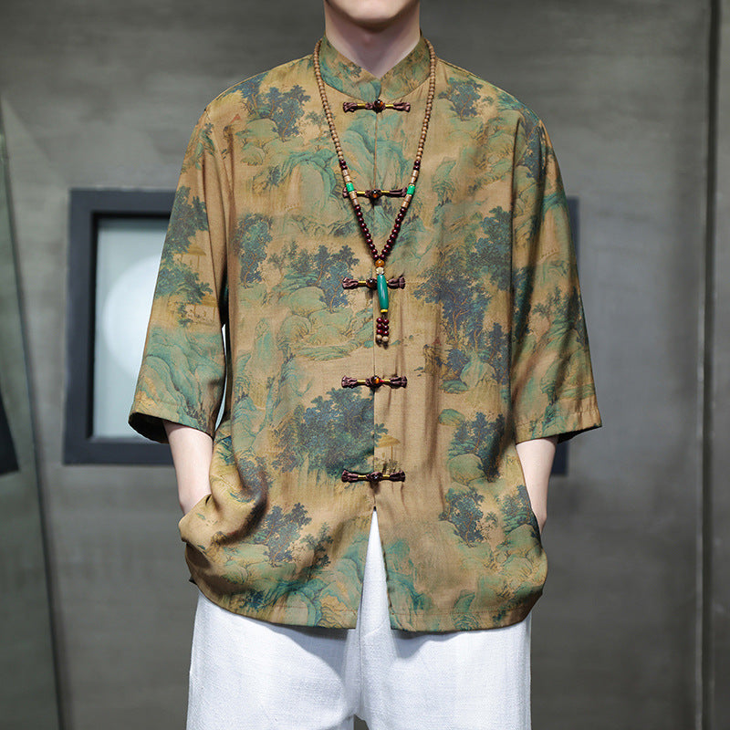 Mens Summer Chinese Tang Shirt Three Quarter Sleeve Fashion Trendy