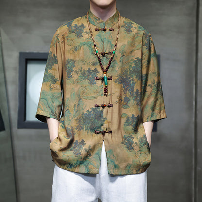 Mens Summer Chinese Tang Shirt Three Quarter Sleeve Fashion Trendy