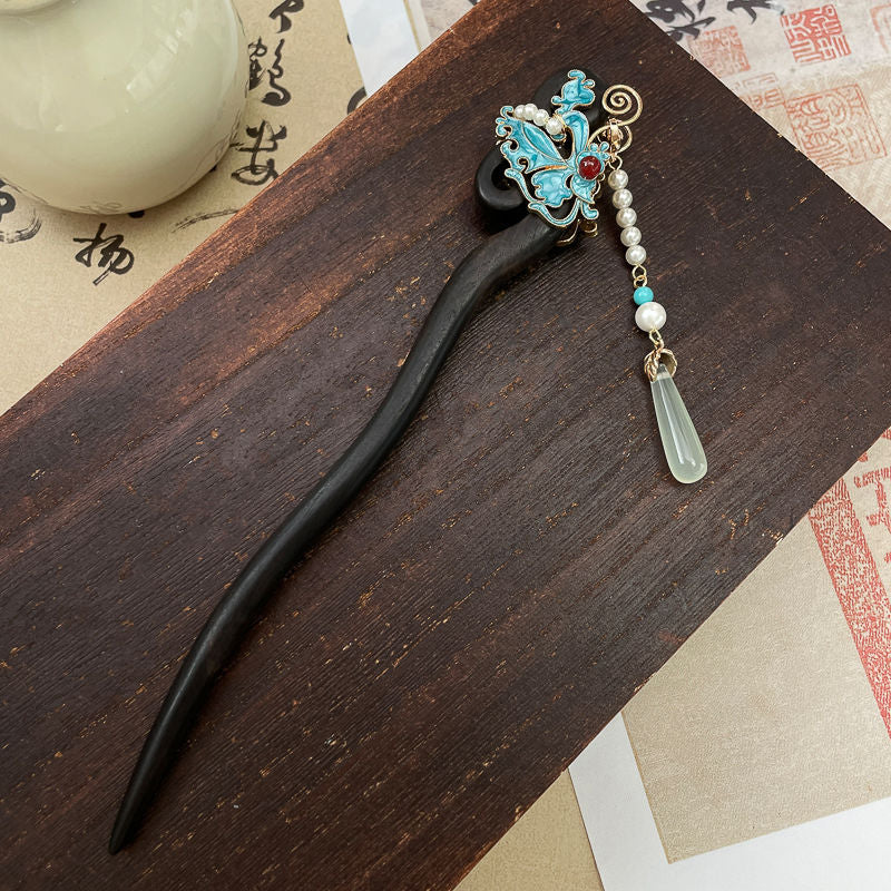 Ancient Style Imitation Jade Burnt Blue Butterfly Double Sided Hairpin