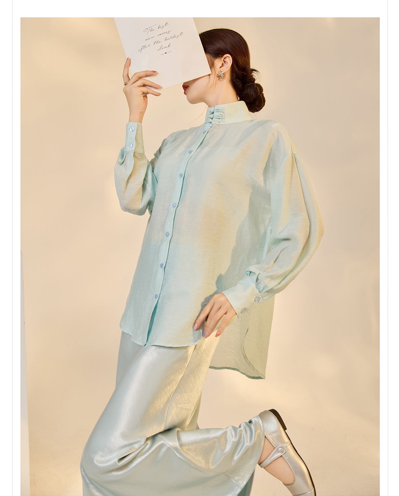 Autumn Button-Up Stand Collar National Style Top & Skirt Set