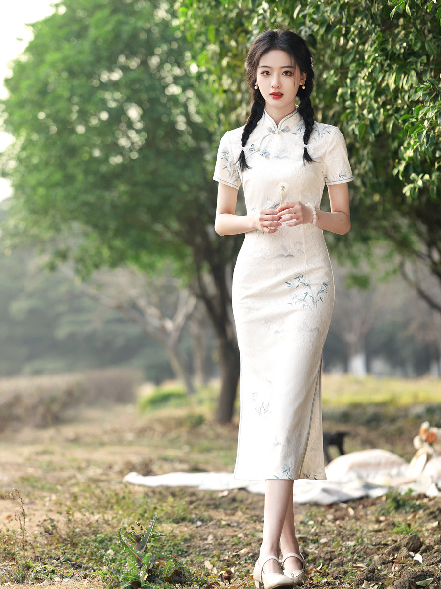 Striped Cotton Linen Cheongsam – 2025 Vintage Artistic Dress