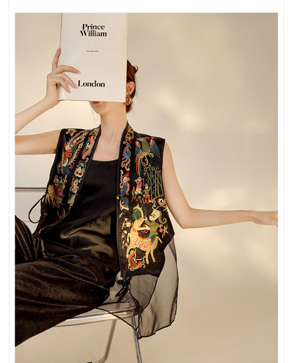 2026 New Chinese Style Silk Embroidered Mesh Patchwork Vintage Vest