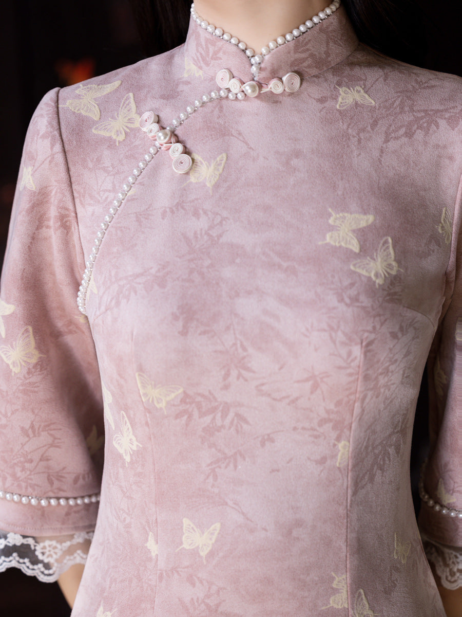 Republic of China Style Pink Cheongsam – Autumn Youth Dress