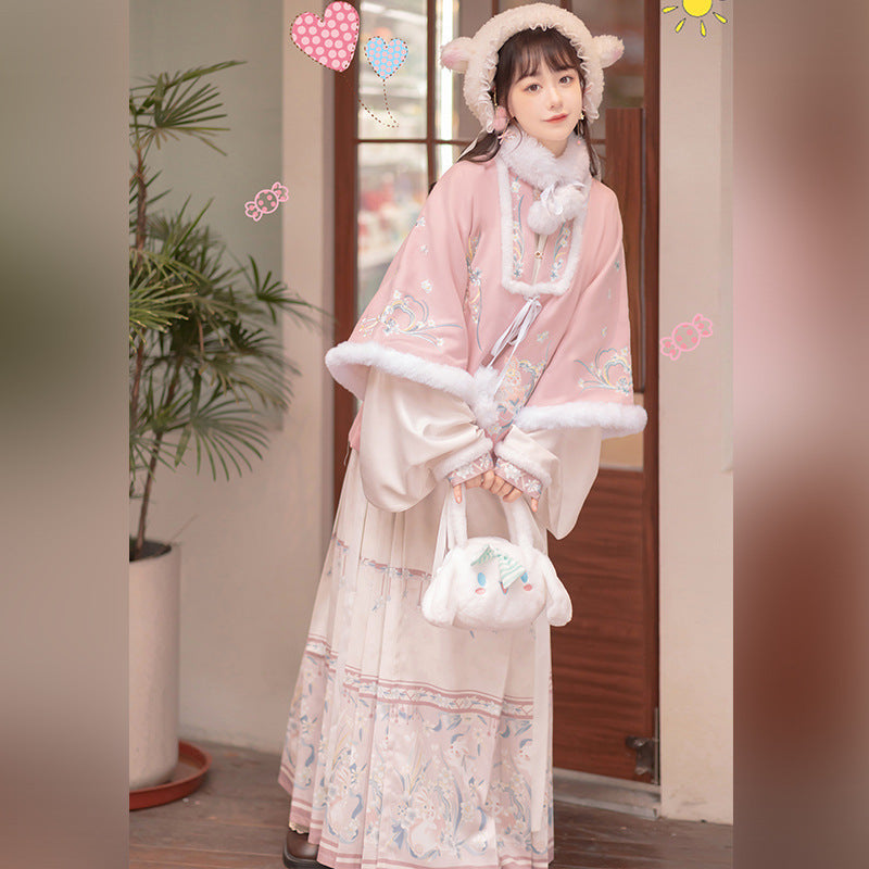 Trees of Sea Women Ming Hanfu Set: Fleece Lined Embroidered Collared Jacket & Horse Face Skirt New Year Outfit