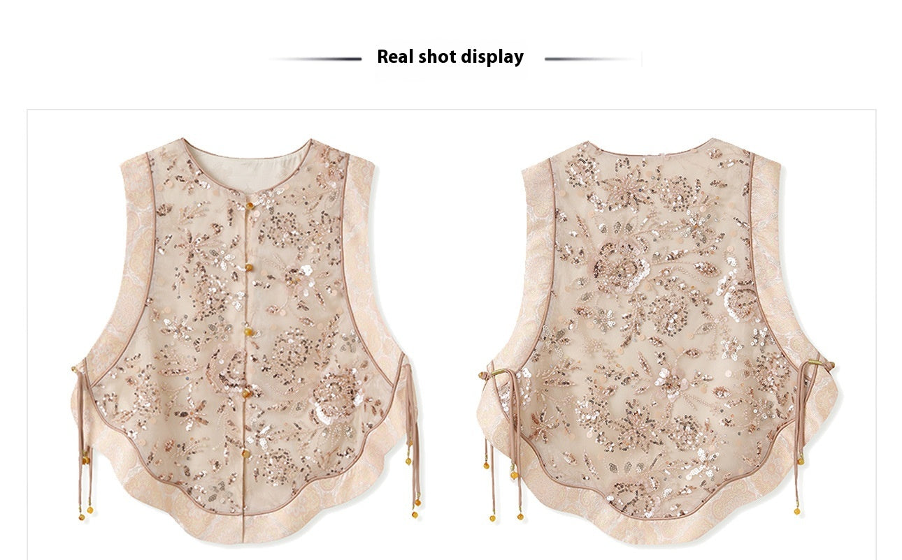 National Style2025Summer New Beaded Embroidery New Chinese Style Sequin Mermaid Skirt Vest Pants Set