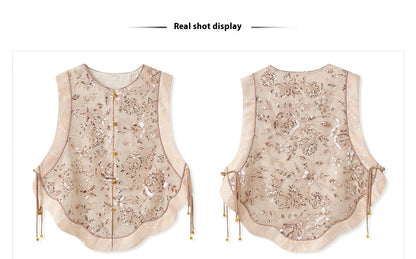 National Style2025Summer New Beaded Embroidery New Chinese Style Sequin Mermaid Skirt Vest Pants Set