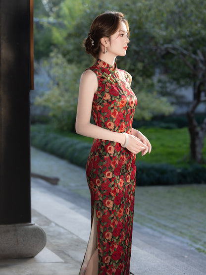Floral Shadow Rose Cheongsam – 2025 Sleeveless Youth Dress