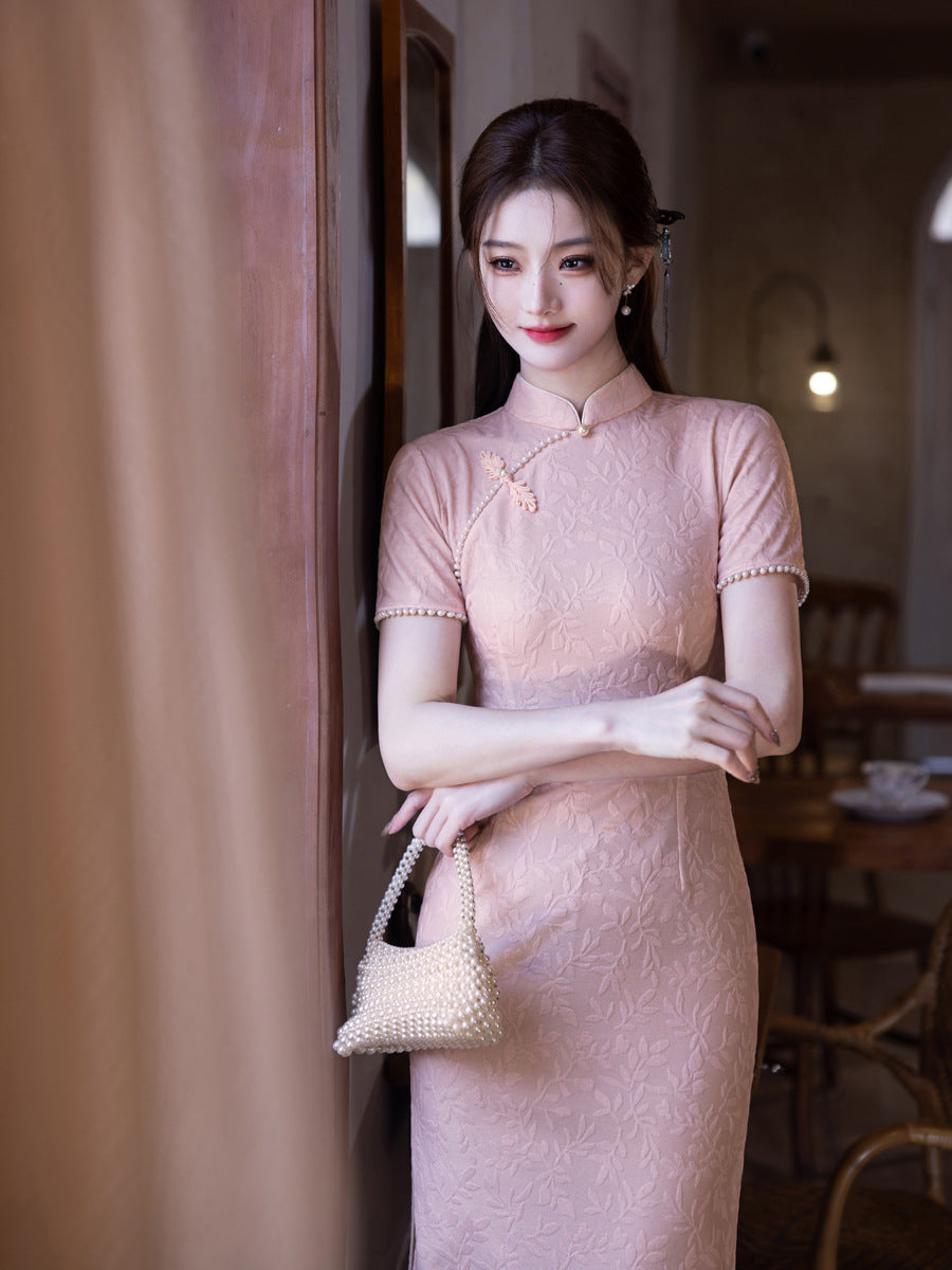 Retro Lace Qipao – Pink Elegant New Chinese Style Dress
