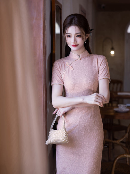 Retro Lace Qipao – Pink Elegant New Chinese Style Dress