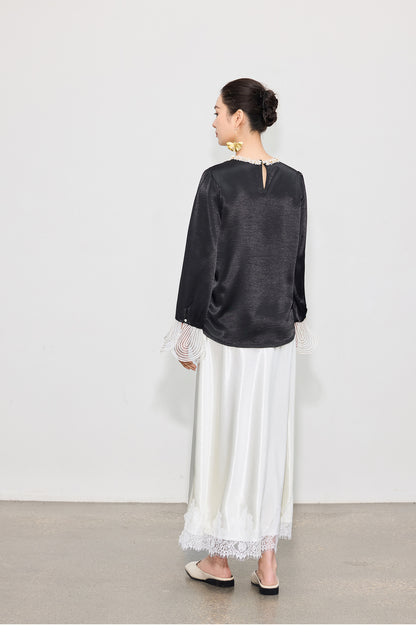 Elegant High-Waist Satin Lace Patchwork Skirt