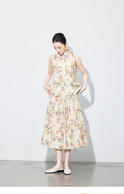 High-End Linen Sleeveless Button Top & Slimming Skirt for Women