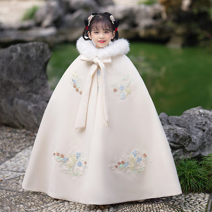 Girls' Winter Hanfu Cloak with Fur Collar Hooded Fairy Cape