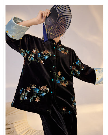 Elegant New Chinese Satin Floral Sequin Loose Black Top