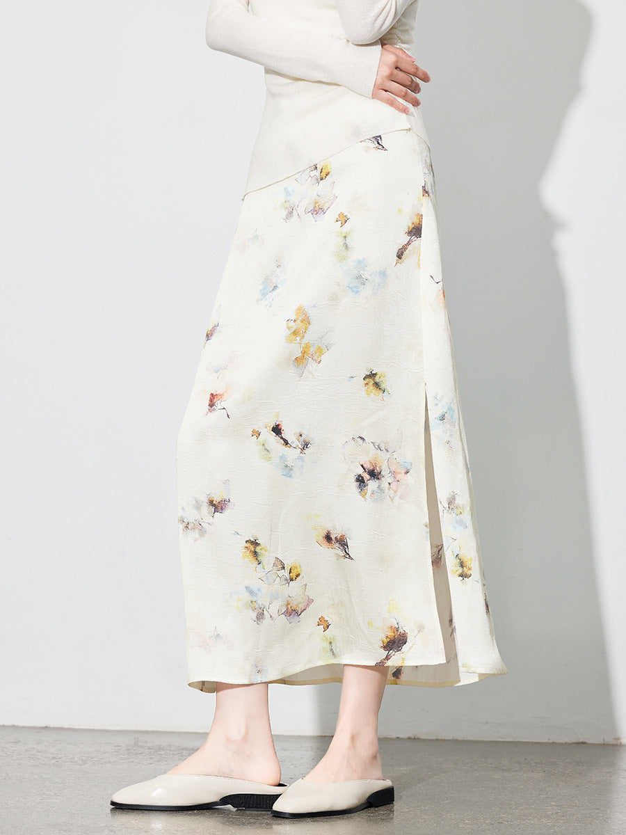 Chic Printed Midi Skirt, Side Slit Design for Women