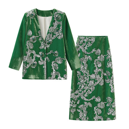 2025 Spring New Chinese Beaded Embroidered Silk Cardigan & Skirt Set