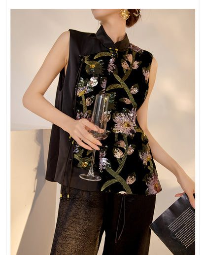 Summer Sequin Asymmetrical Vest Top High-End National Style