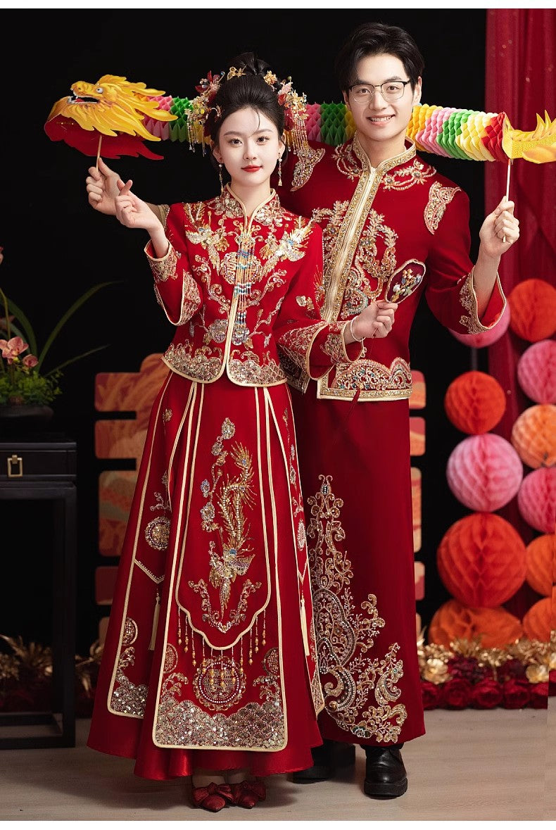 Chinese Wedding Xiuhe Dress Bride Velvet Toast Suit Set
