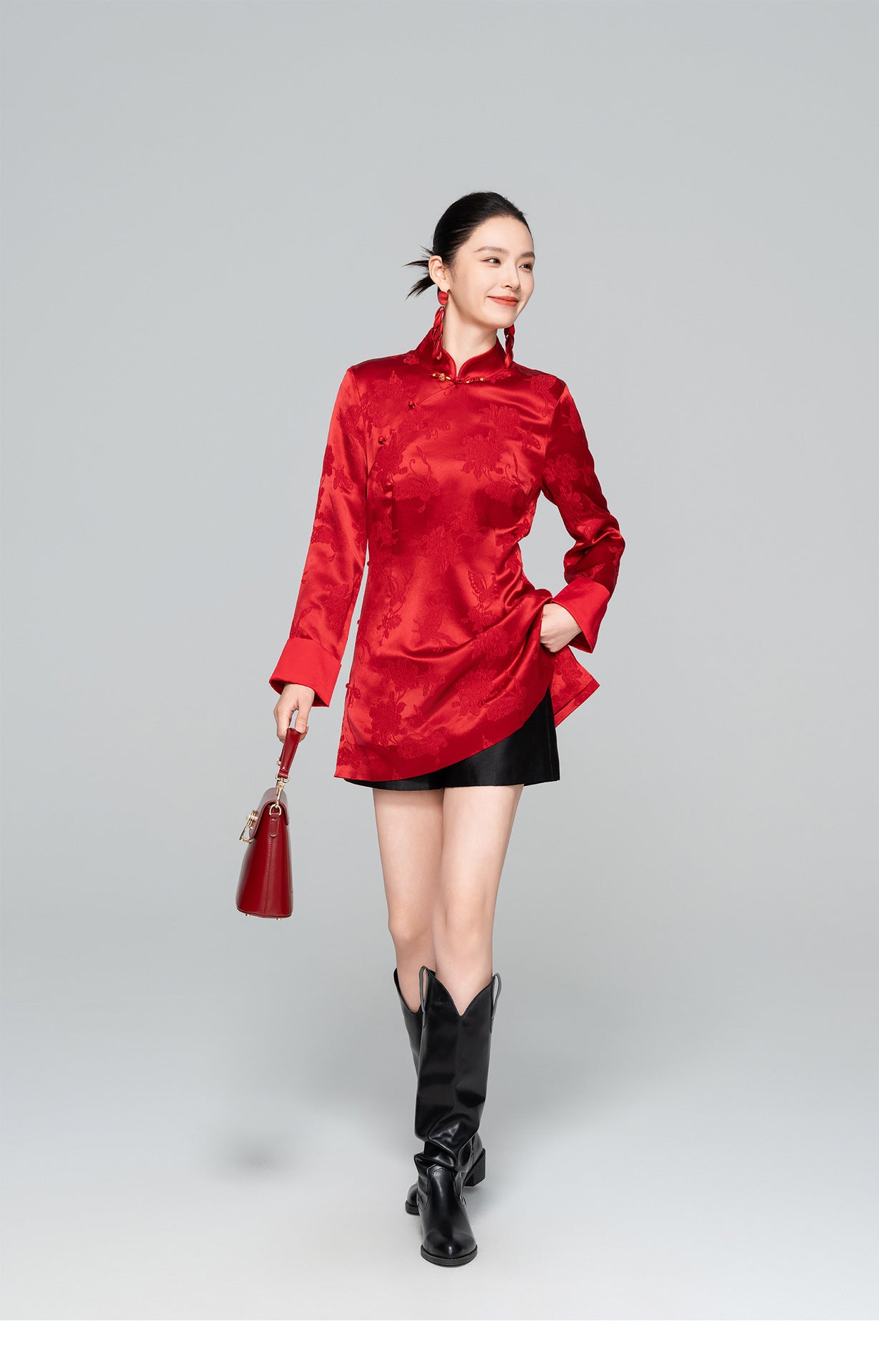 Improved Red Chinese Style Stand Collar Elegant Dress
