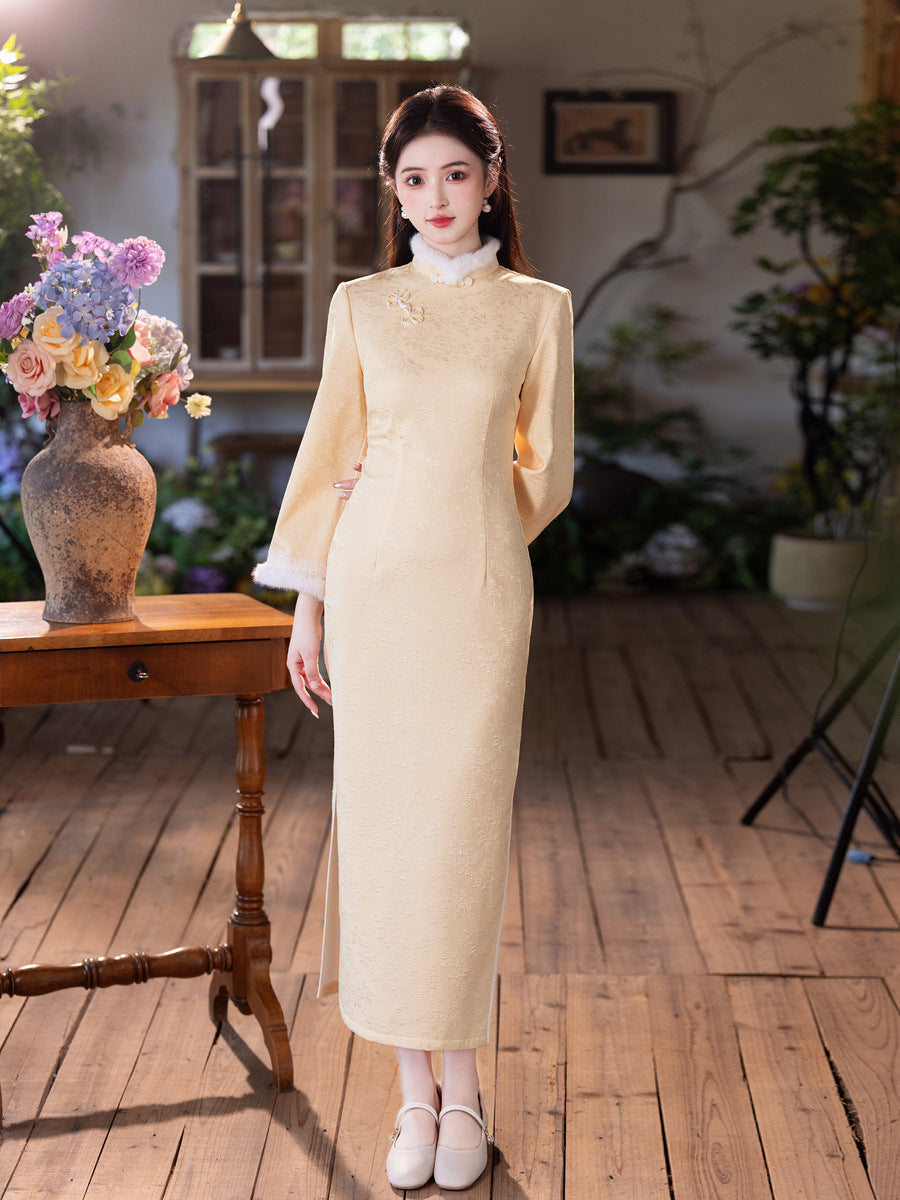 Yellow Fleece-Lined Winter Qipao | Thickened Long-Sleeve Retro Dress 2025