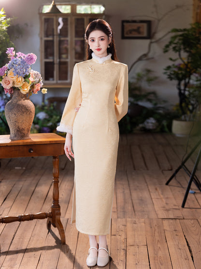 Yellow Fleece-Lined Winter Qipao | Thickened Long-Sleeve Retro Dress 2025
