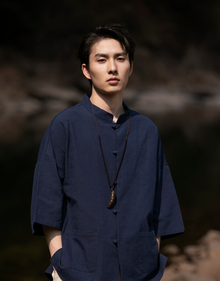 Summer Chinese Cotton Linen Shirt Men Casual Thin Youth Trend Top