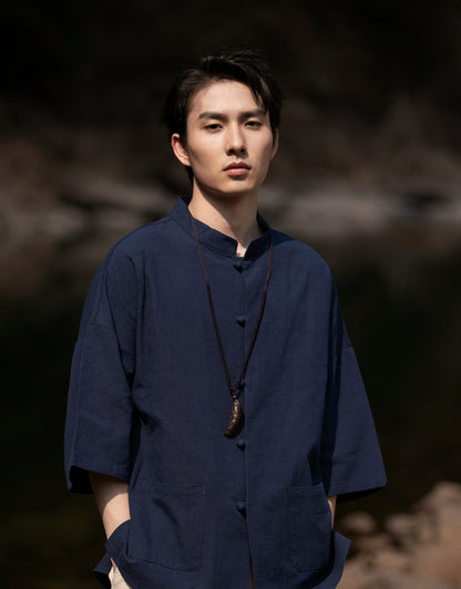 Summer Chinese Cotton Linen Shirt Men Casual Thin Youth Trend Top