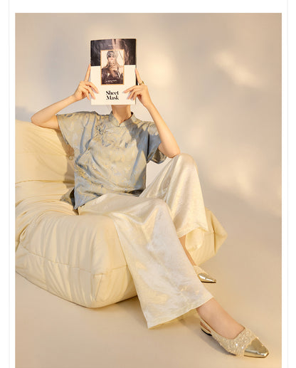 New Chinese Style High-Waist Wide-Leg Acetate Pants for Women