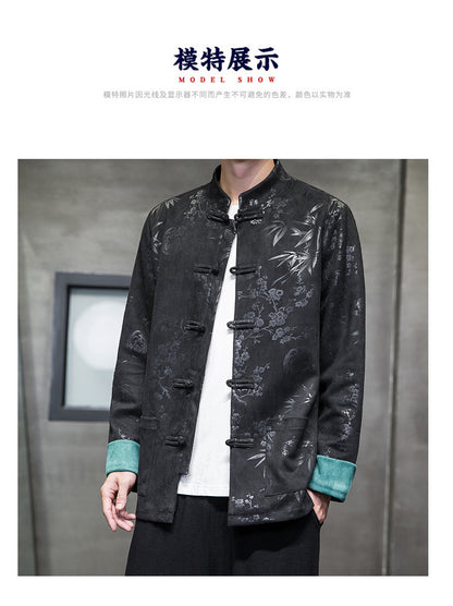 Chinese Style Mens Retro Tang Suit Button Printed Velvet Coat