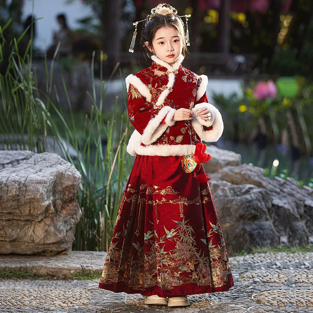 Girls’ Winter Hanfu | 2025 New Year Thickened Horse Face Skirt Outfit