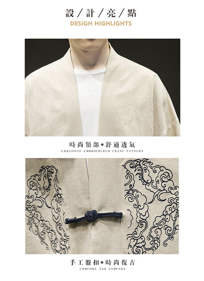 Mens Chinese Style Layman Hanfu Jacket Summer Zen Tea Robe Retro Top