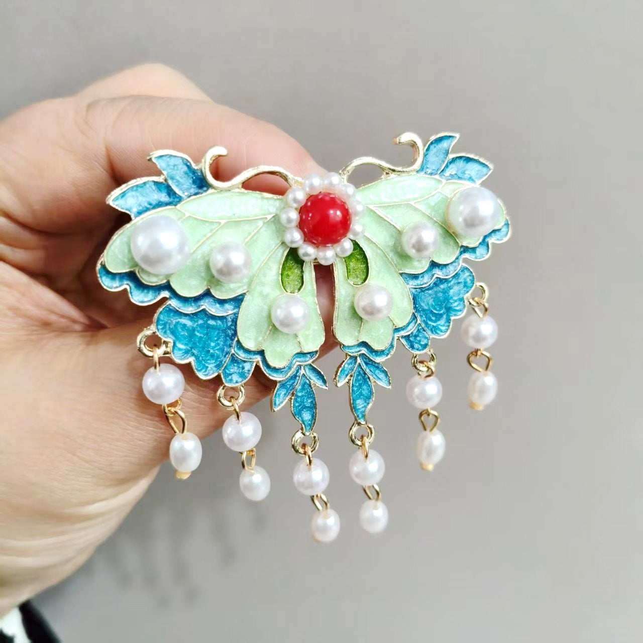 Blue Enamel Hair Clip Chinese Style Pearl Tassel Butterfly Hairpin