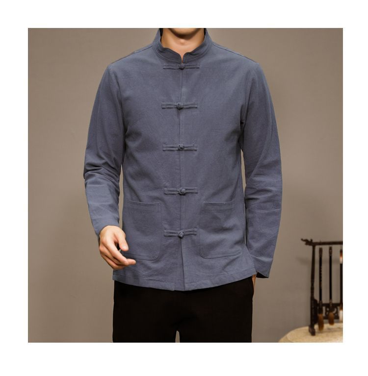 Men’s Chinese Style Cotton Linen Tang Shirt Long Sleeve Casual Retro